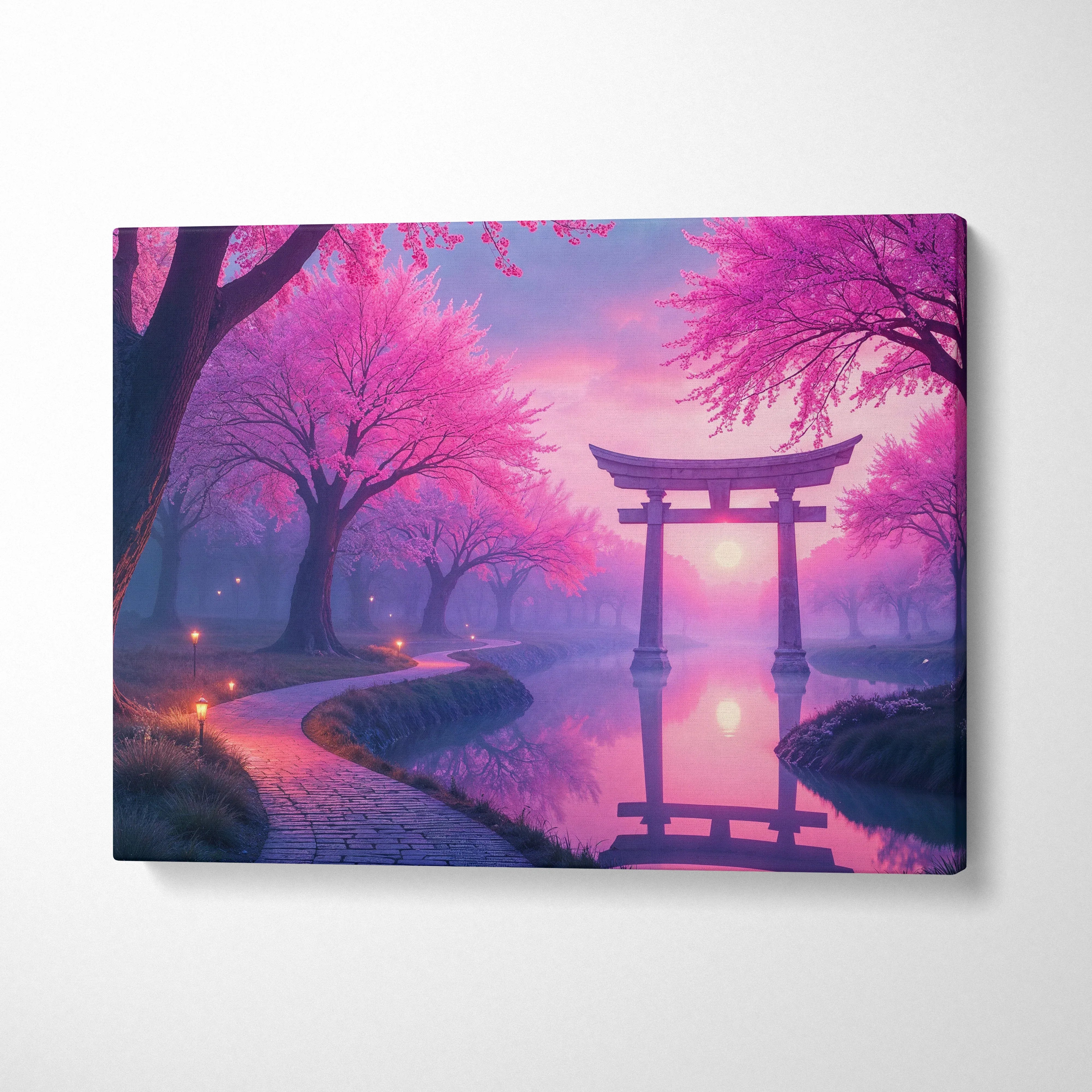 Dreamlike cherry blossom garden with torii gate at sunrise canvas art