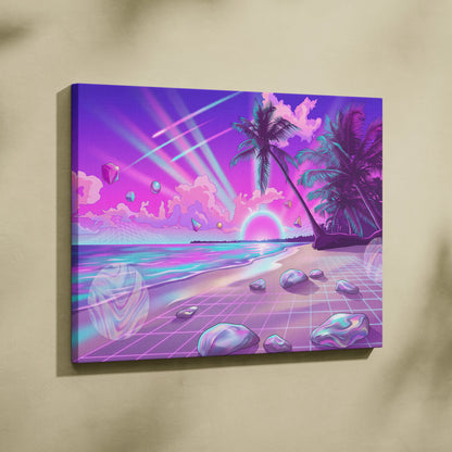 Neon Palm Vaporwave Canvas - Vaporwave Landscape Neon Pink Blue Living Room Decor Dreamy Mood Neon Aesthetic Canvas