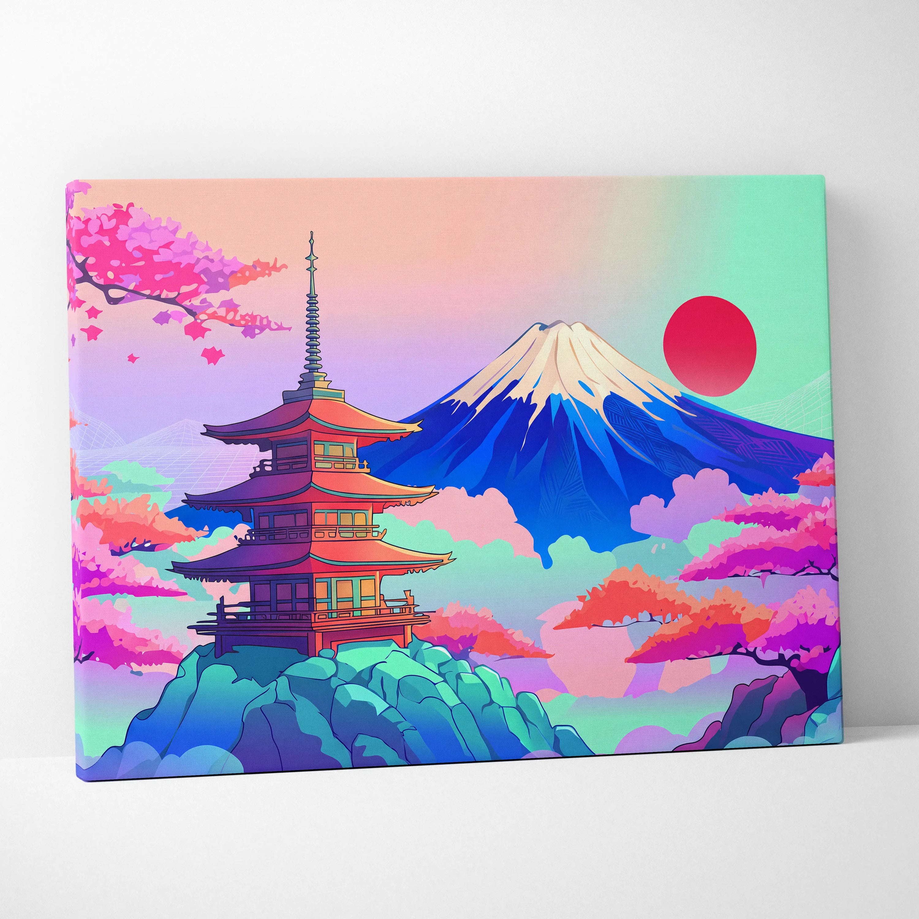 Vaporwave Japan Mount Fuji Canvas - Fuji Landscape Pastel Neon Living Room Vaporwave Dreamy Mood Retro Futurism Canvas
