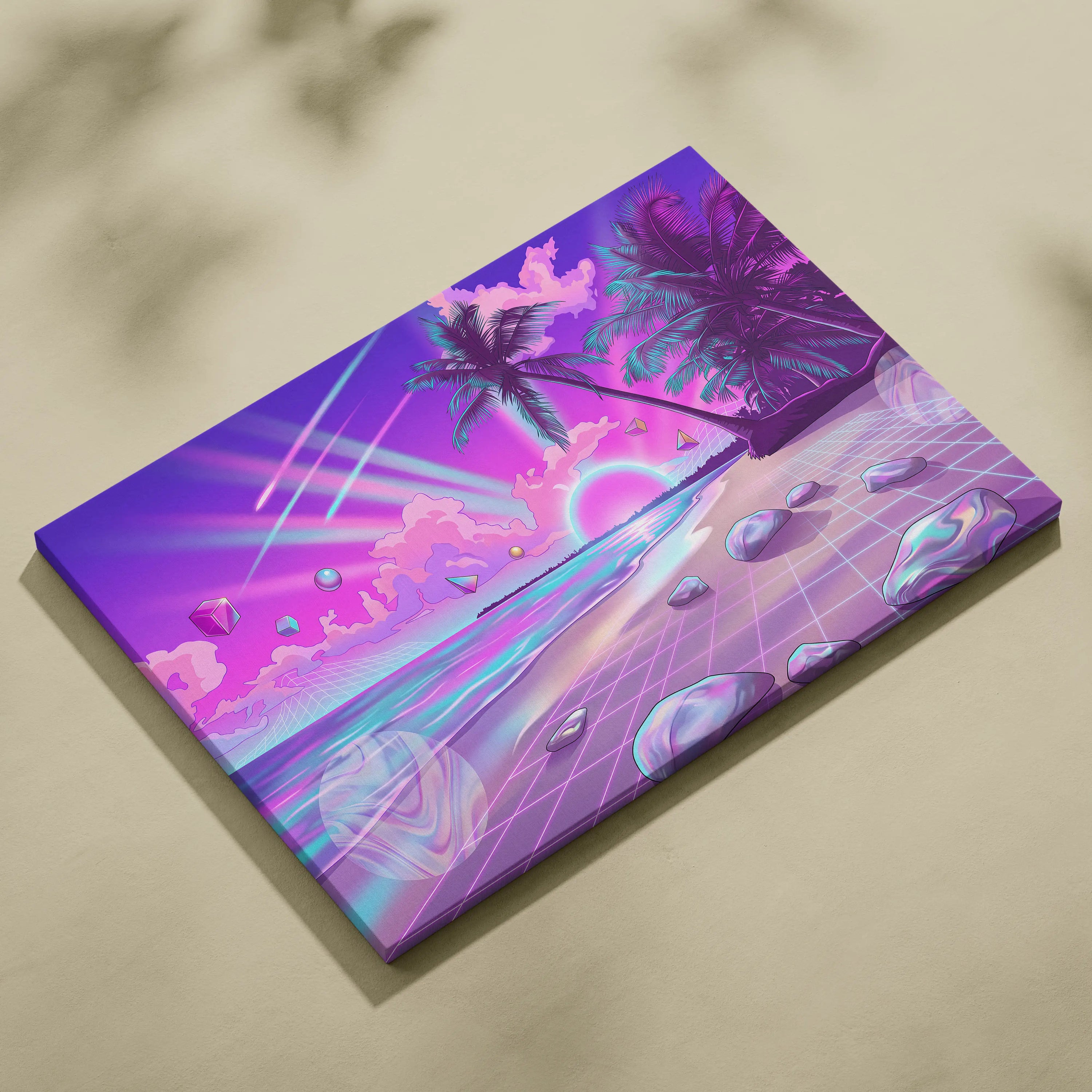 Neon Palm Vaporwave Canvas - Vaporwave Landscape Neon Pink Blue Living Room Decor Dreamy Mood Neon Aesthetic Canvas