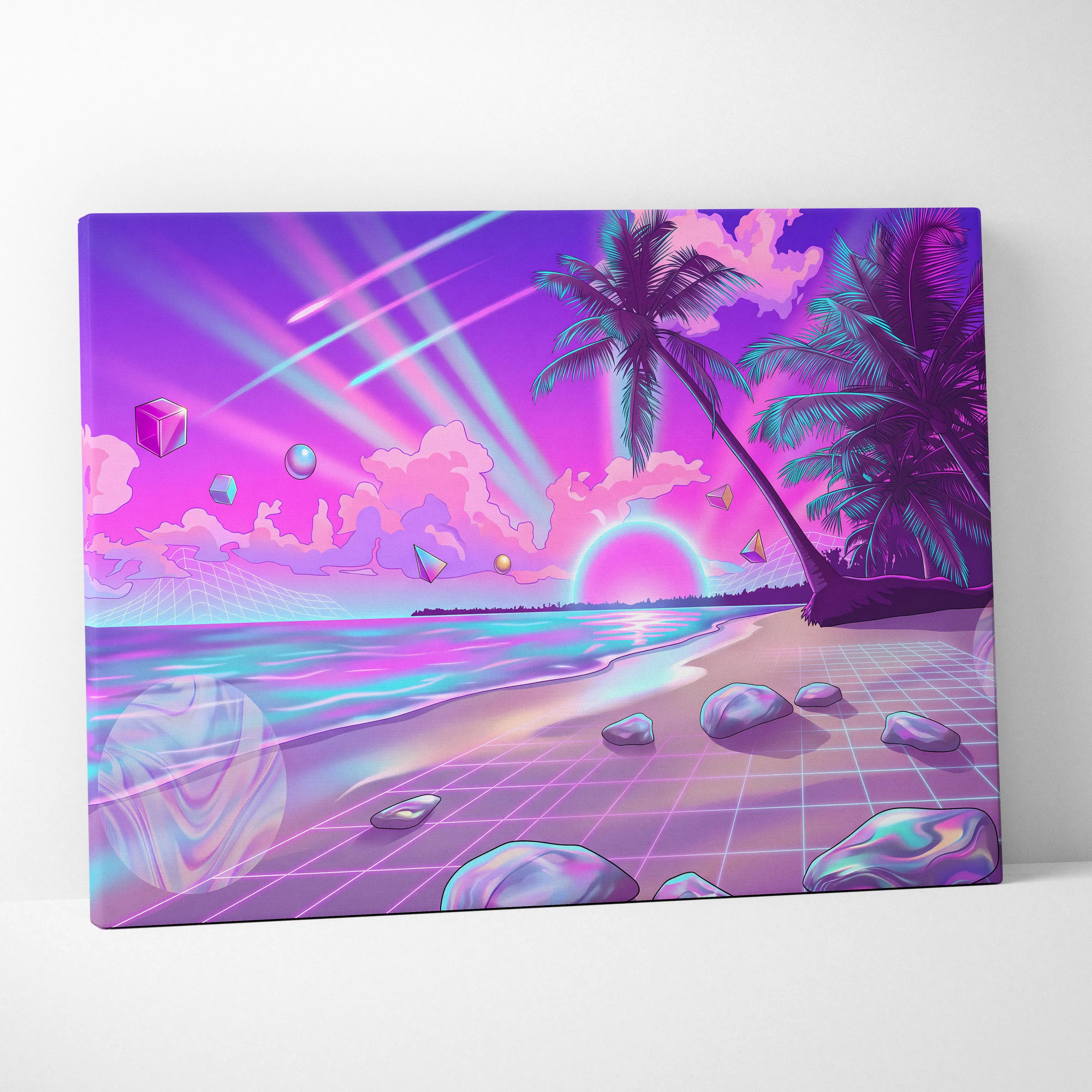 Neon Palm Vaporwave Canvas - Vaporwave Landscape Neon Pink Blue Living Room Decor Dreamy Mood Neon Aesthetic Canvas