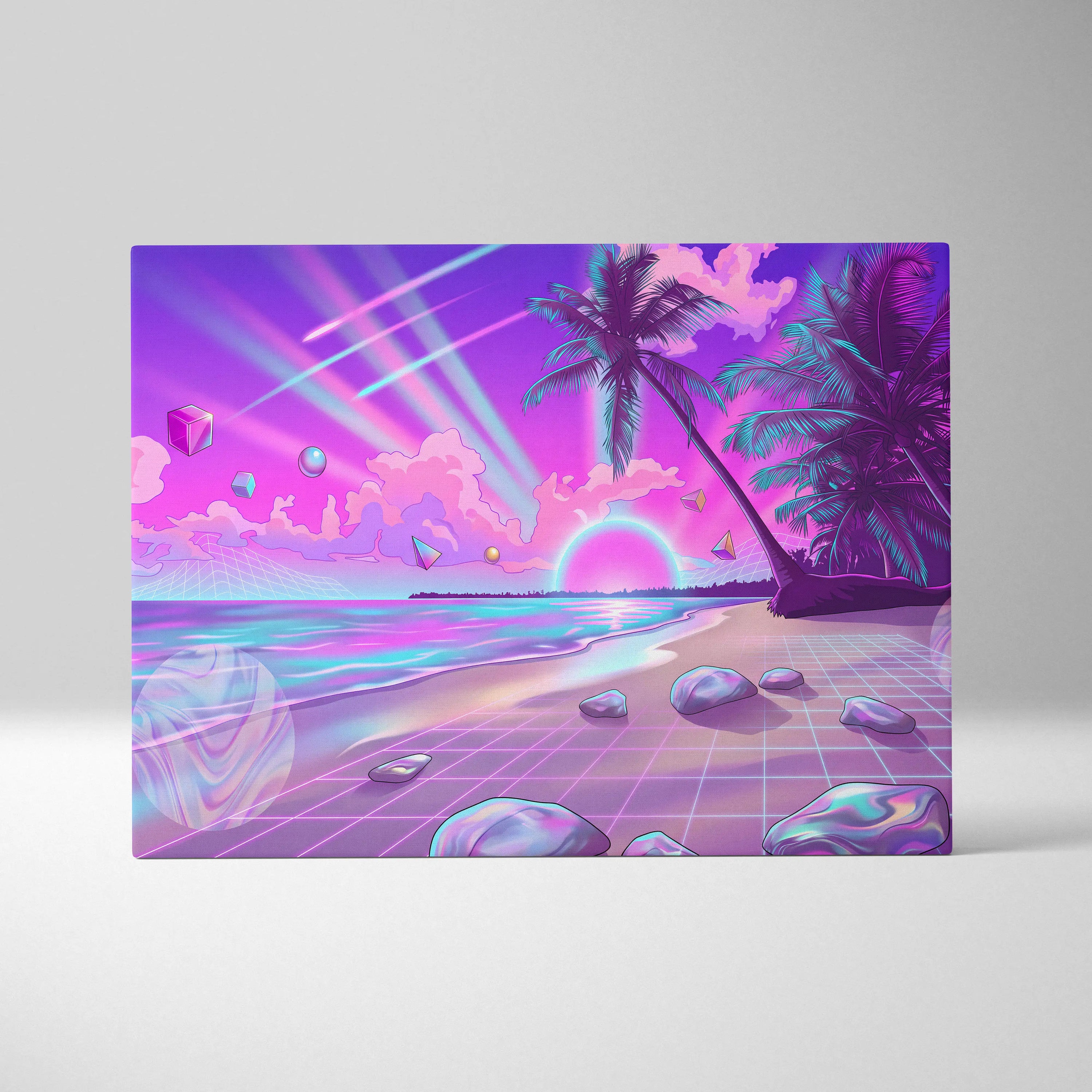 Neon Palm Vaporwave Canvas - Vaporwave Landscape Neon Pink Blue Living Room Decor Dreamy Mood Neon Aesthetic Canvas
