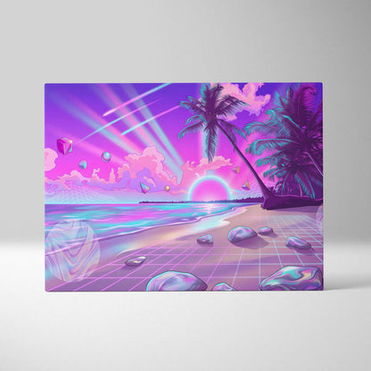 Neon Palm Vaporwave Canvas - Vaporwave Landscape Neon Pink Blue Living Room Decor Dreamy Mood Neon Aesthetic Canvas