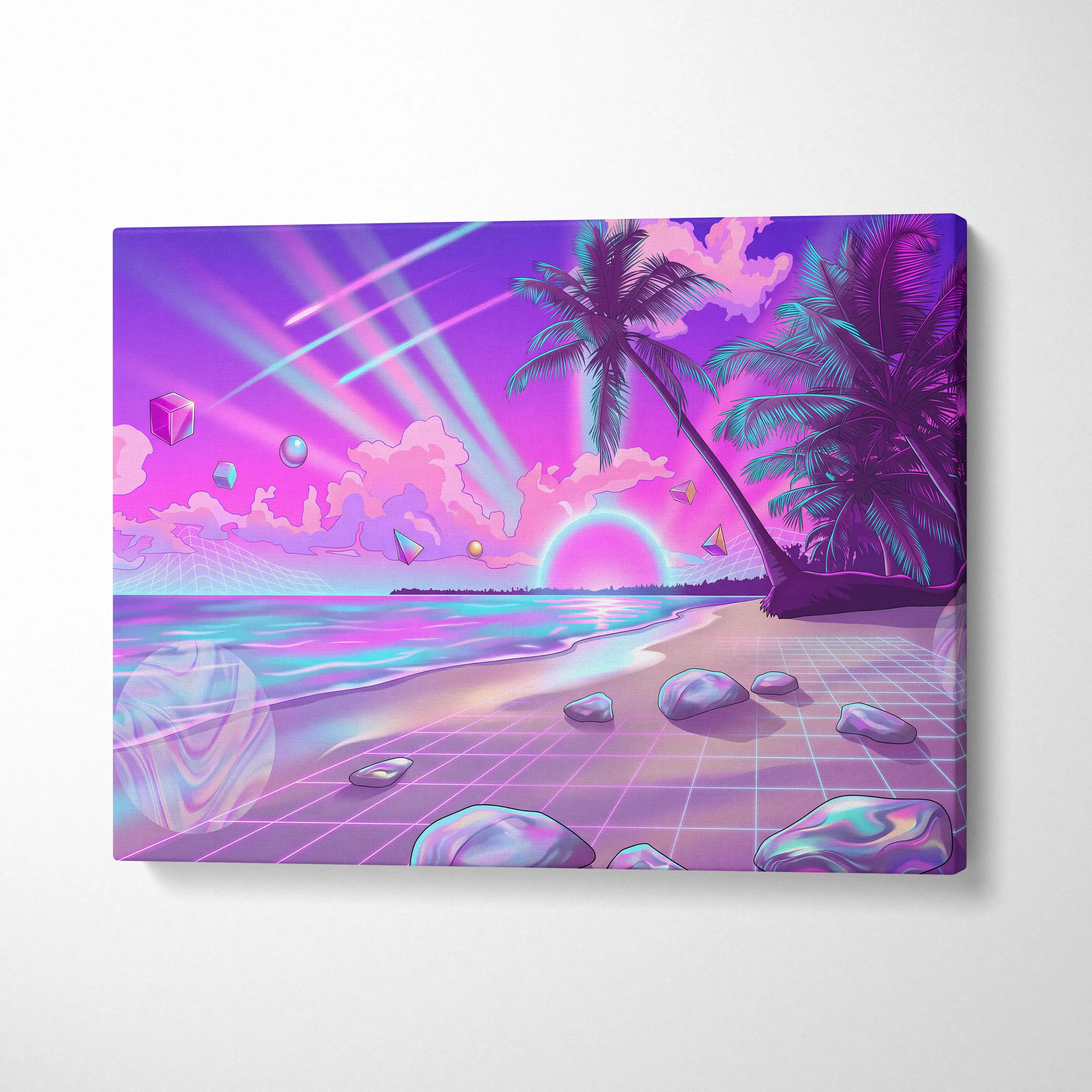 Neon Palm Vaporwave Canvas - Vaporwave Landscape Neon Pink Blue Living Room Decor Dreamy Mood Neon Aesthetic Canvas