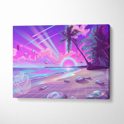 Neon Palm Vaporwave Canvas - Vaporwave Landscape Neon Pink Blue Living Room Decor Dreamy Mood Neon Aesthetic Canvas
