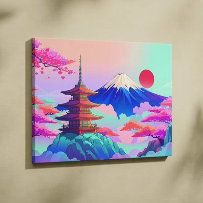 Vaporwave Japan Mount Fuji Canvas - Fuji Landscape Pastel Neon Living Room Vaporwave Dreamy Mood Retro Futurism Canvas