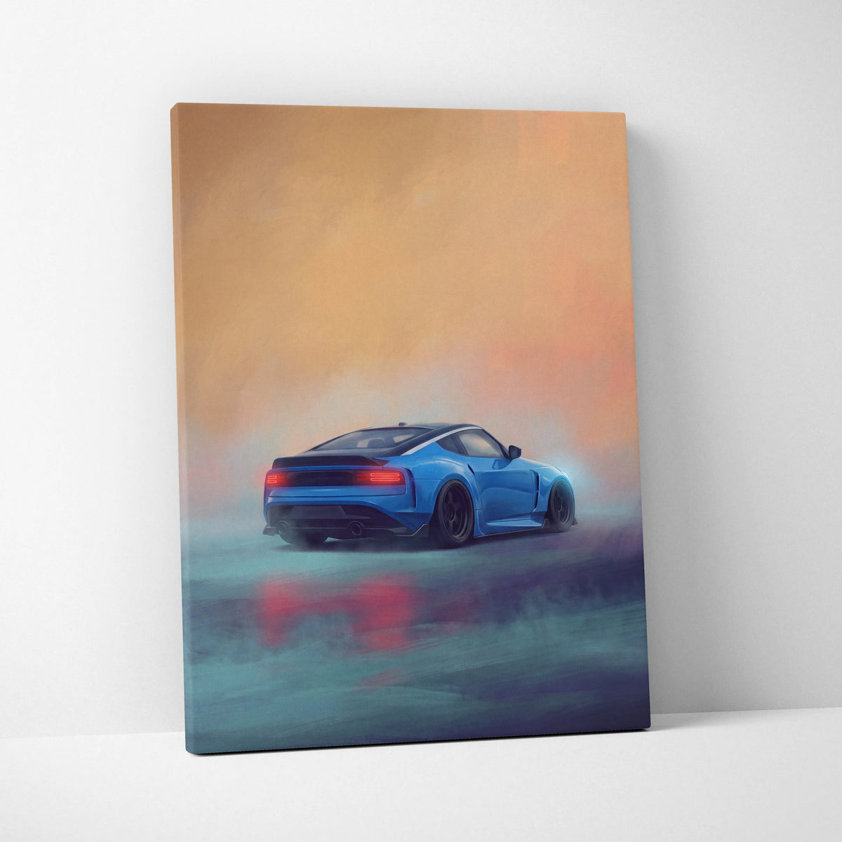 Nissan z inspired jdm sports car canvas print featuring a blue car with glowing red taillights on orange teal background