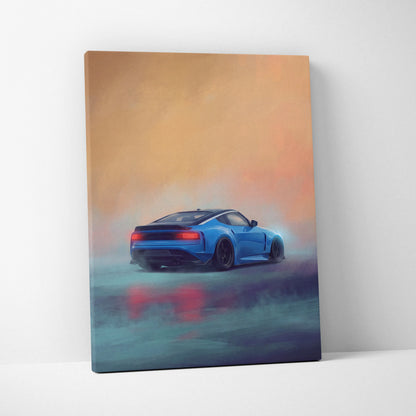 Nissan z inspired jdm sports car canvas print featuring a blue car with glowing red taillights on orange teal background