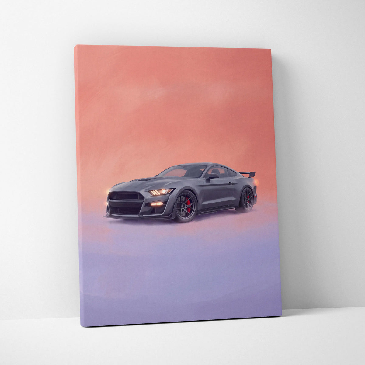 A matte gray ford mustang shelby gt500 inspired canvas print with red brake calipers and black rims for bedroom decor