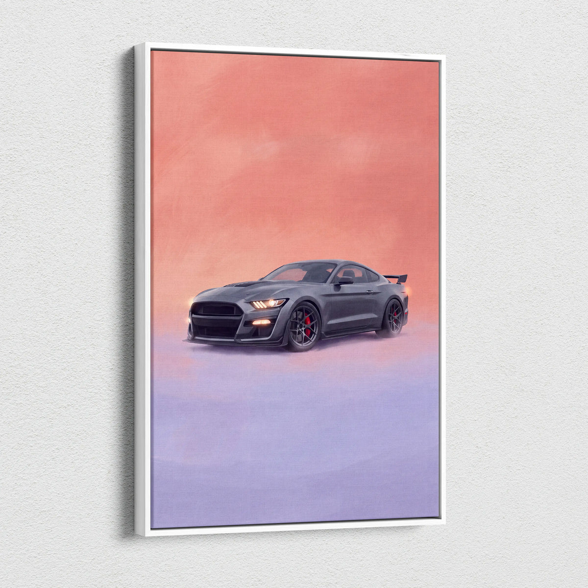 A sleek black ford mustang shelby gt500 sports car illustration with red calipers on a white framed canvas wall art