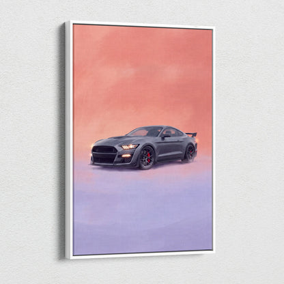 A sleek black ford mustang shelby gt500 sports car illustration with red calipers on a white framed canvas wall art