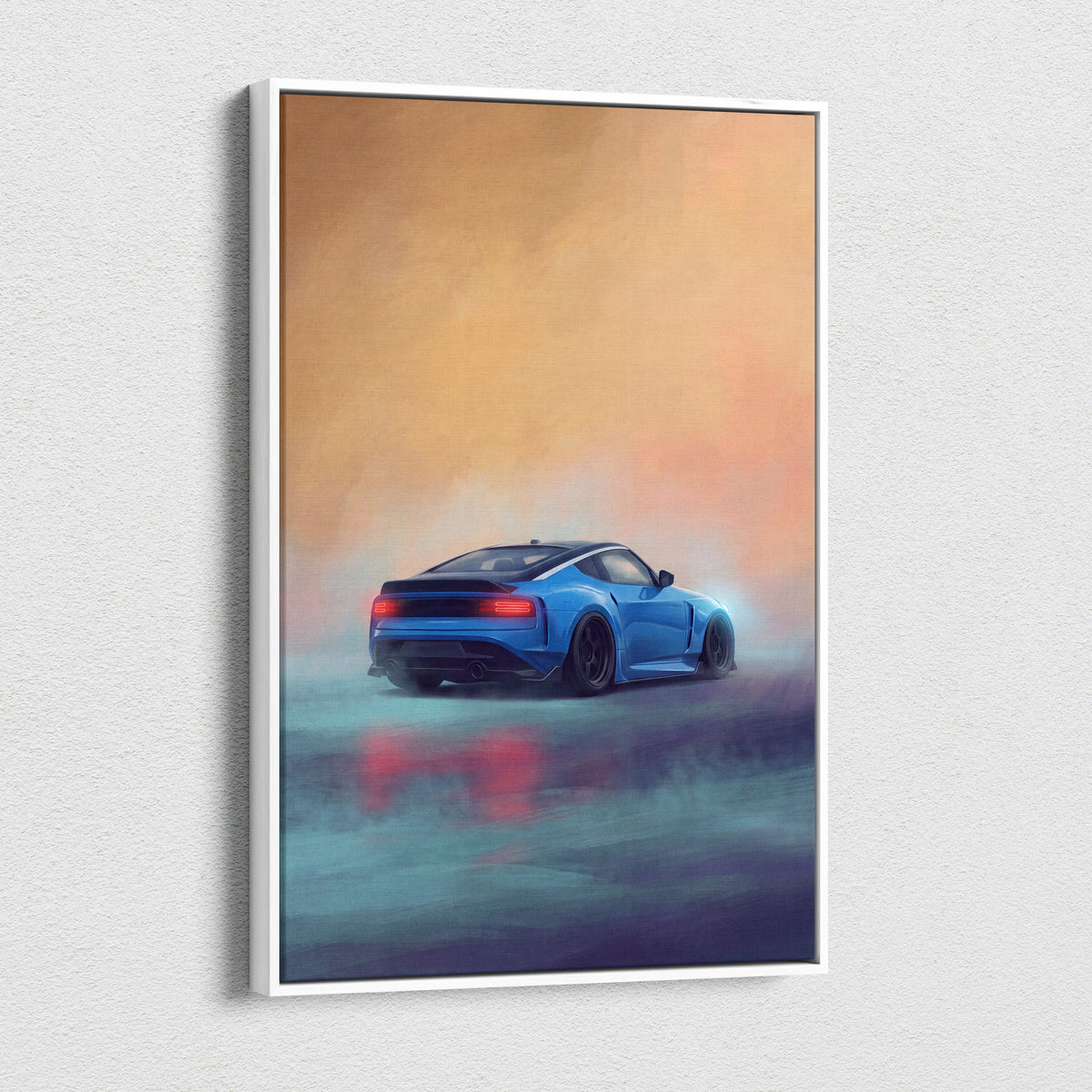 Blue nissan z inspired sports car canvas print with glowing red taillights and black rims for living room decor