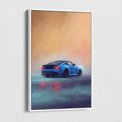 Blue nissan z inspired sports car canvas print with glowing red taillights and black rims for living room decor
