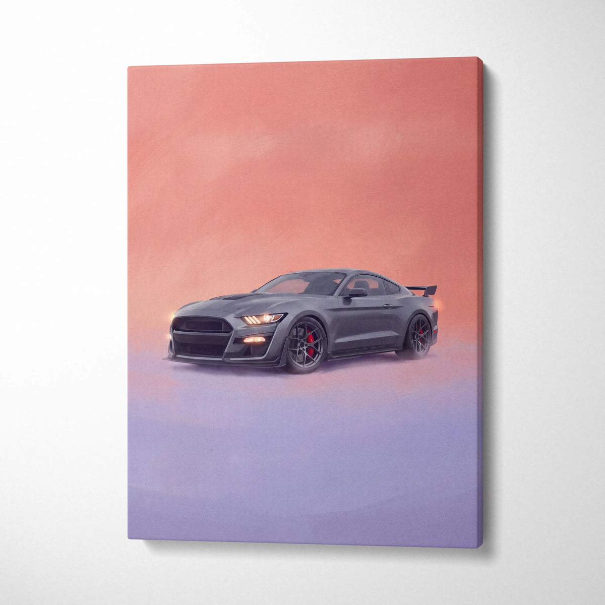 Gray matte ford mustang canvas print with red brake calipers and black rims for american muscle car wall decor