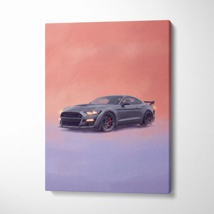 Gray matte ford mustang canvas print with red brake calipers and black rims for american muscle car wall decor