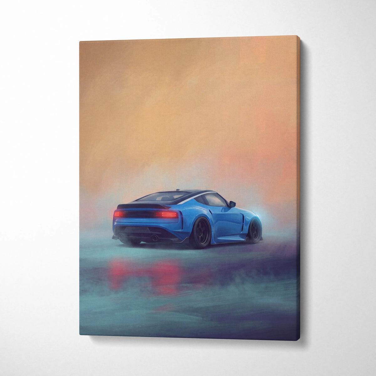 Blue sports car stylized painting on canvas nissan z inspired automotive wall art for living room decor