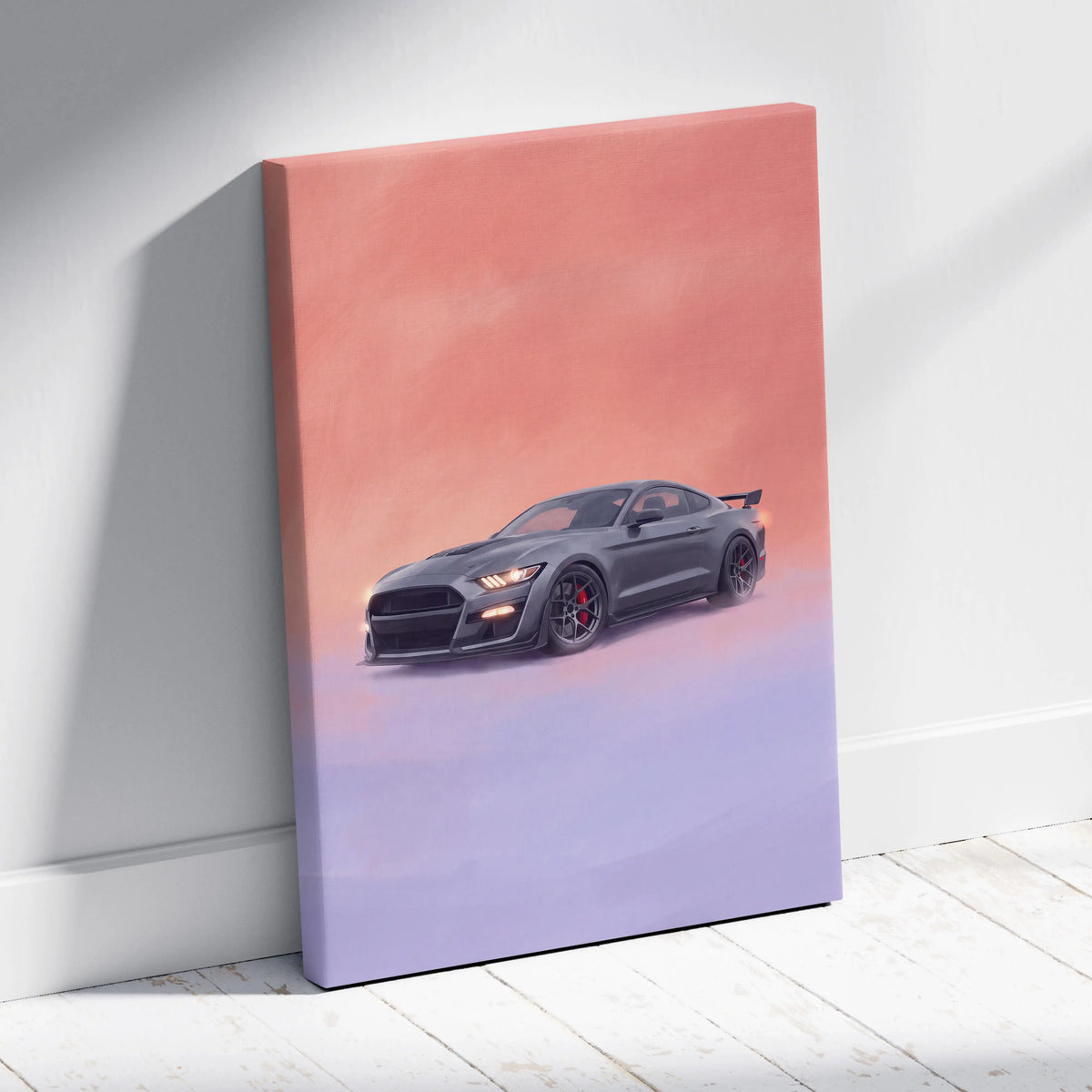 A sleek black ford mustang shelby gt500 inspired canvas print with red brake calipers and sporty spoiler wall decor