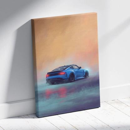 Nissan Z inspired blue sports car canvas print with sleek design and glowing red taillights for living room decor