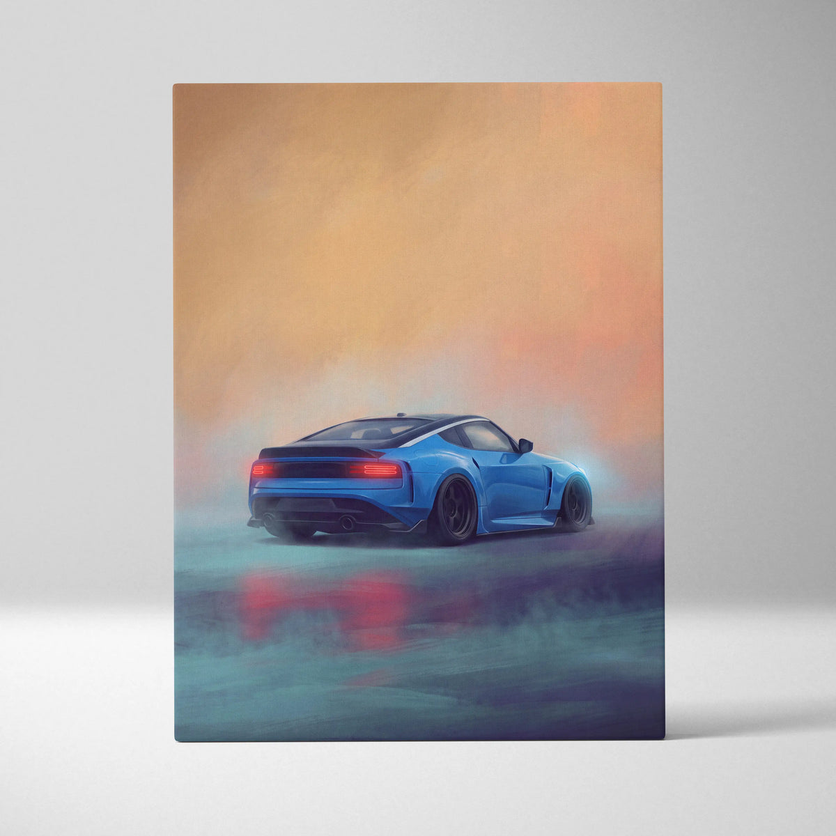A vibrant blue Nissan Z sports car rear with glowing red taillights on JDM automotive canvas wall art
