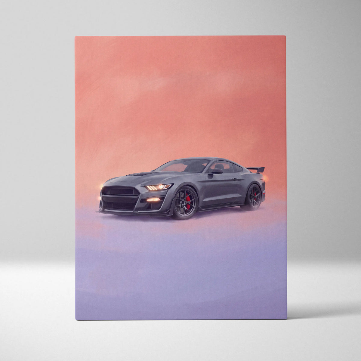 Gray matte ford mustang shelby gt500 canvas print with red brake calipers and black rims against pink purple sky