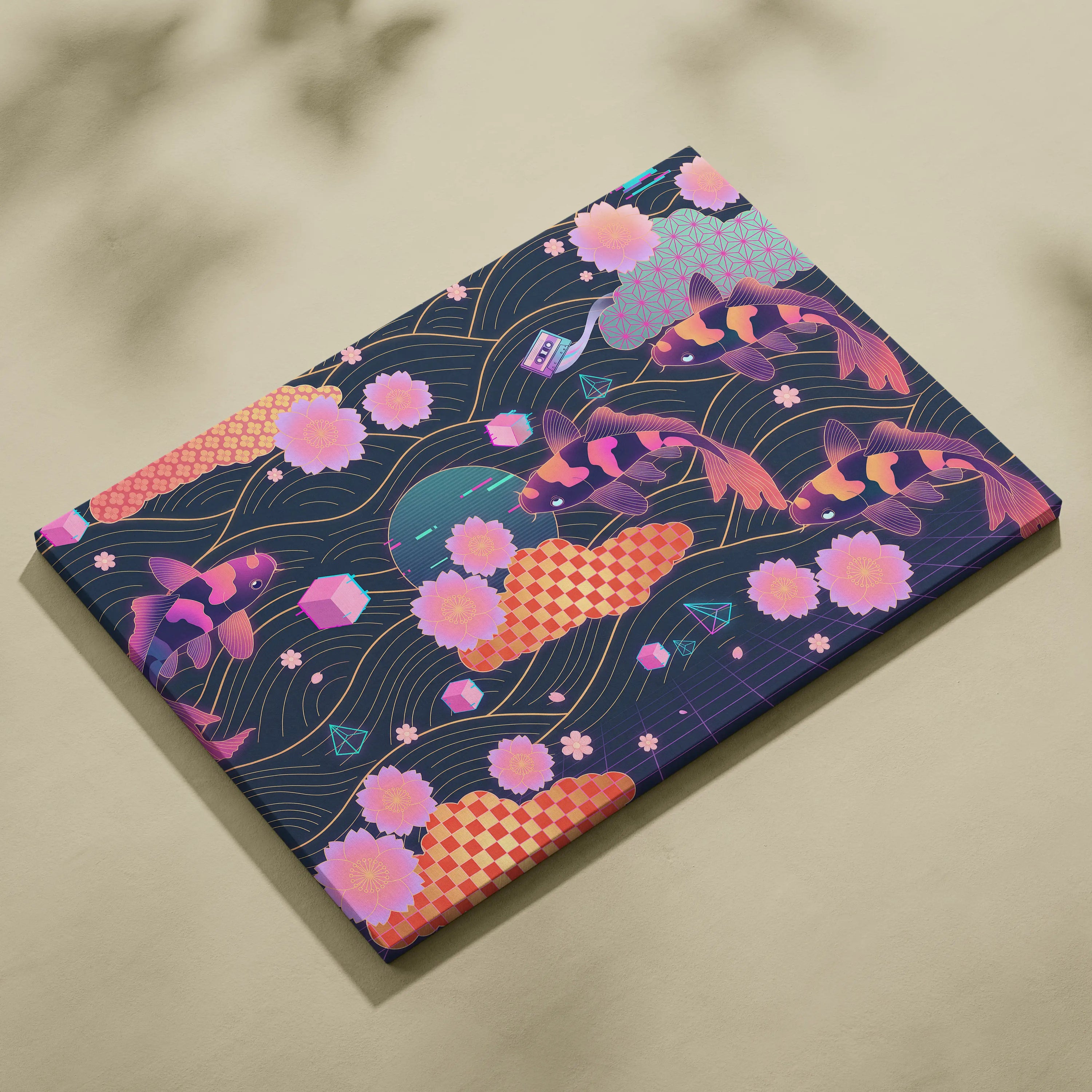 Koi Neon Sakura Vaporwave Canvas - Koi Art Neon Pink Teal Living Room Vaporwave Neon Mood Japanese Koi Wall Art Canvas