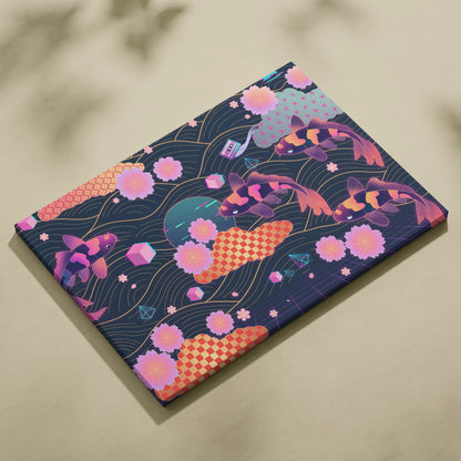 Koi Neon Sakura Vaporwave Canvas - Koi Art Neon Pink Teal Living Room Vaporwave Neon Mood Japanese Koi Wall Art Canvas