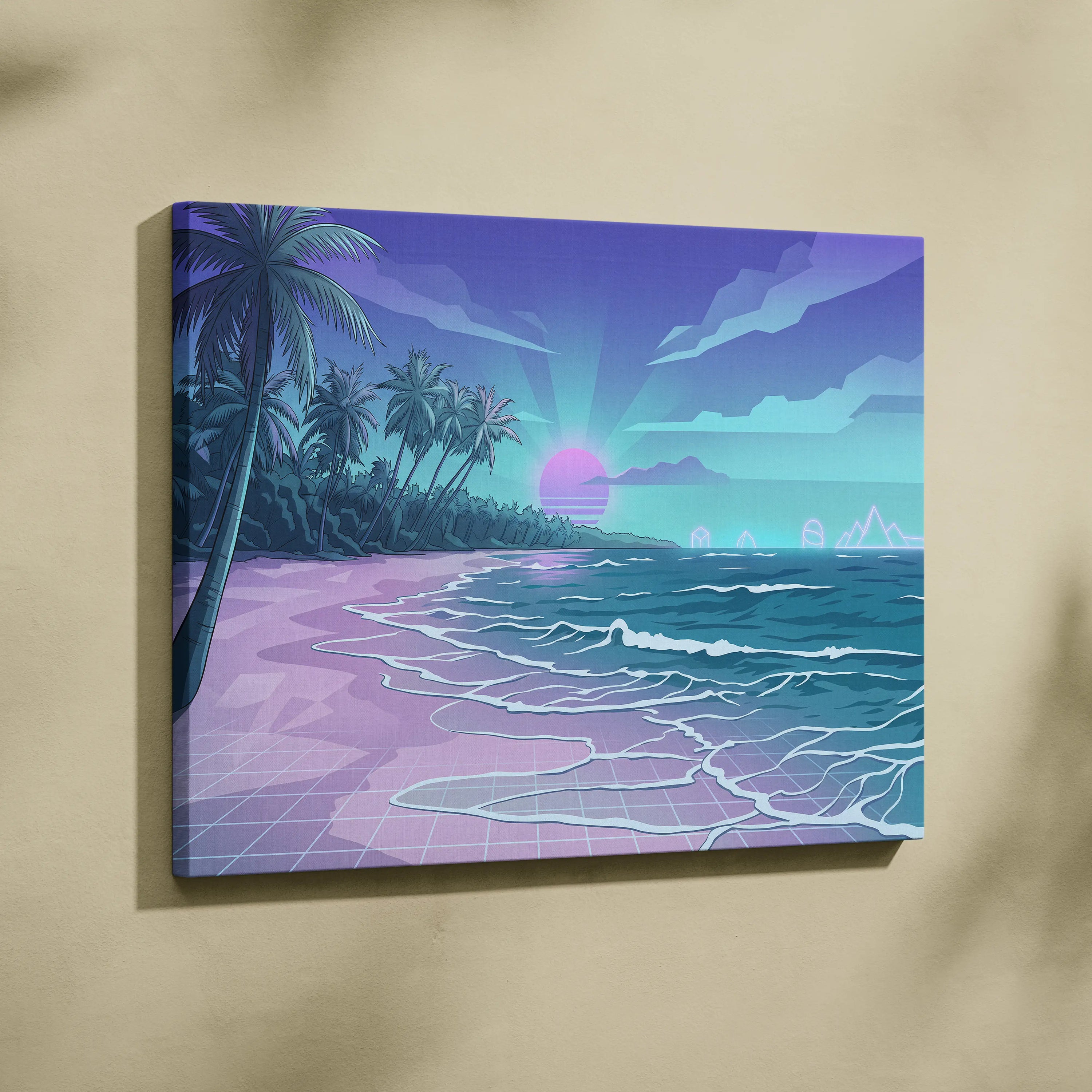 Neon Palm Vaporwave Canvas Sunset - Palm Trees Sunset Purple Pink Blue Living Room Vaporwave Dreamy Neon Retro Canvas