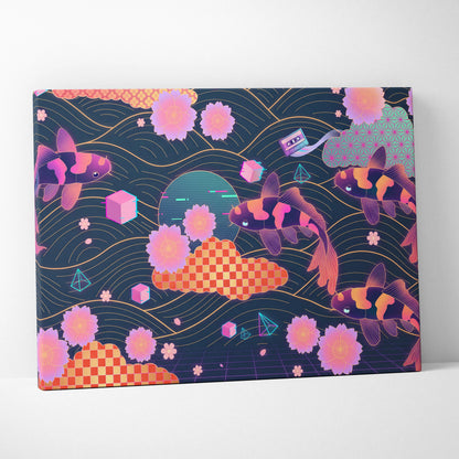 Koi Neon Sakura Vaporwave Canvas - Koi Art Neon Pink Teal Living Room Vaporwave Neon Mood Japanese Koi Wall Art Canvas