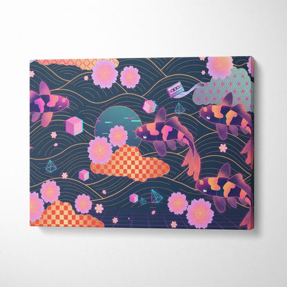 Koi Neon Sakura Vaporwave Canvas - Koi Art Neon Pink Teal Living Room Vaporwave Neon Mood Japanese Koi Wall Art Canvas