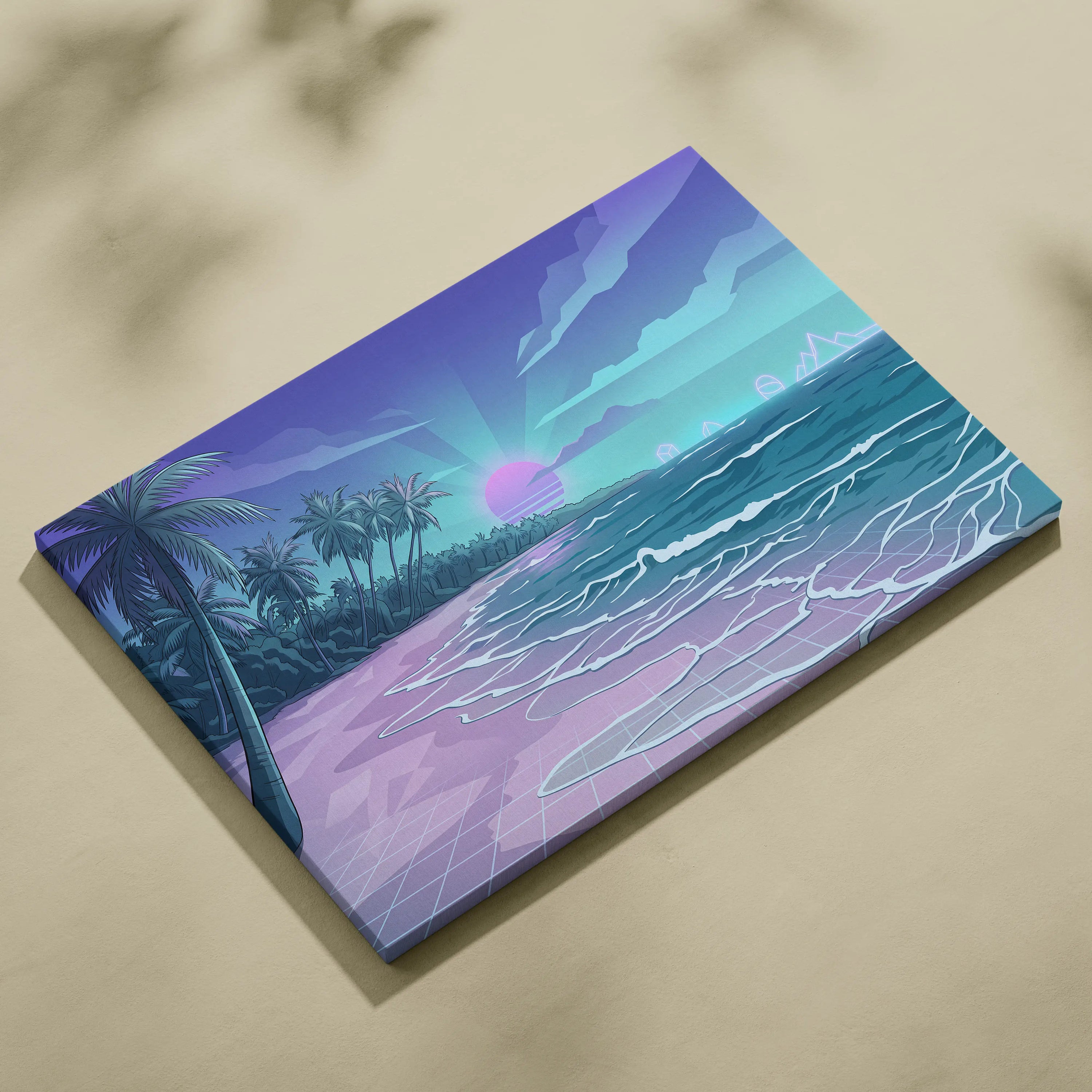 Neon Palm Vaporwave Canvas Sunset - Palm Trees Sunset Purple Pink Blue Living Room Vaporwave Dreamy Neon Retro Canvas