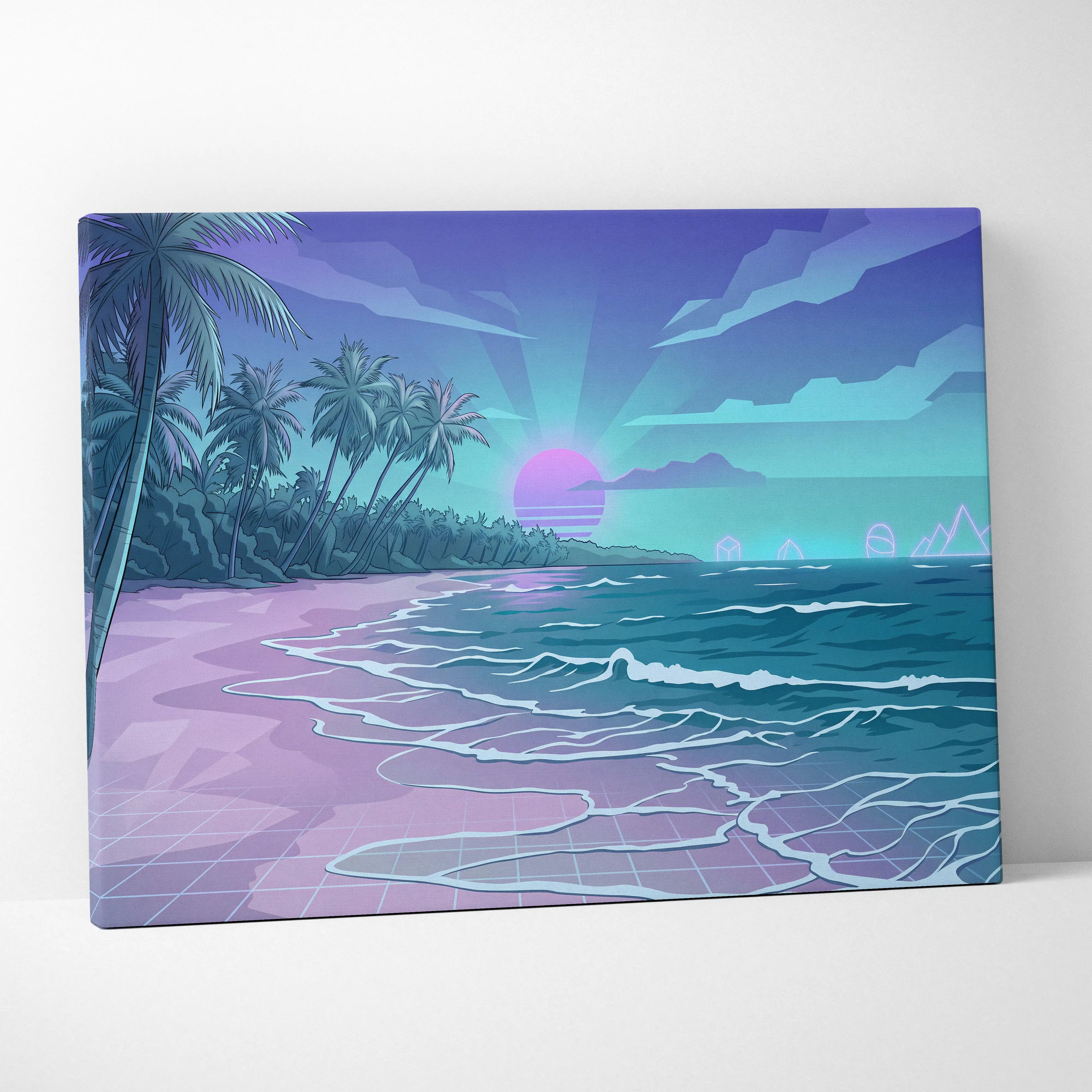 Neon Palm Vaporwave Canvas Sunset - Palm Trees Sunset Purple Pink Blue Living Room Vaporwave Dreamy Neon Retro Canvas