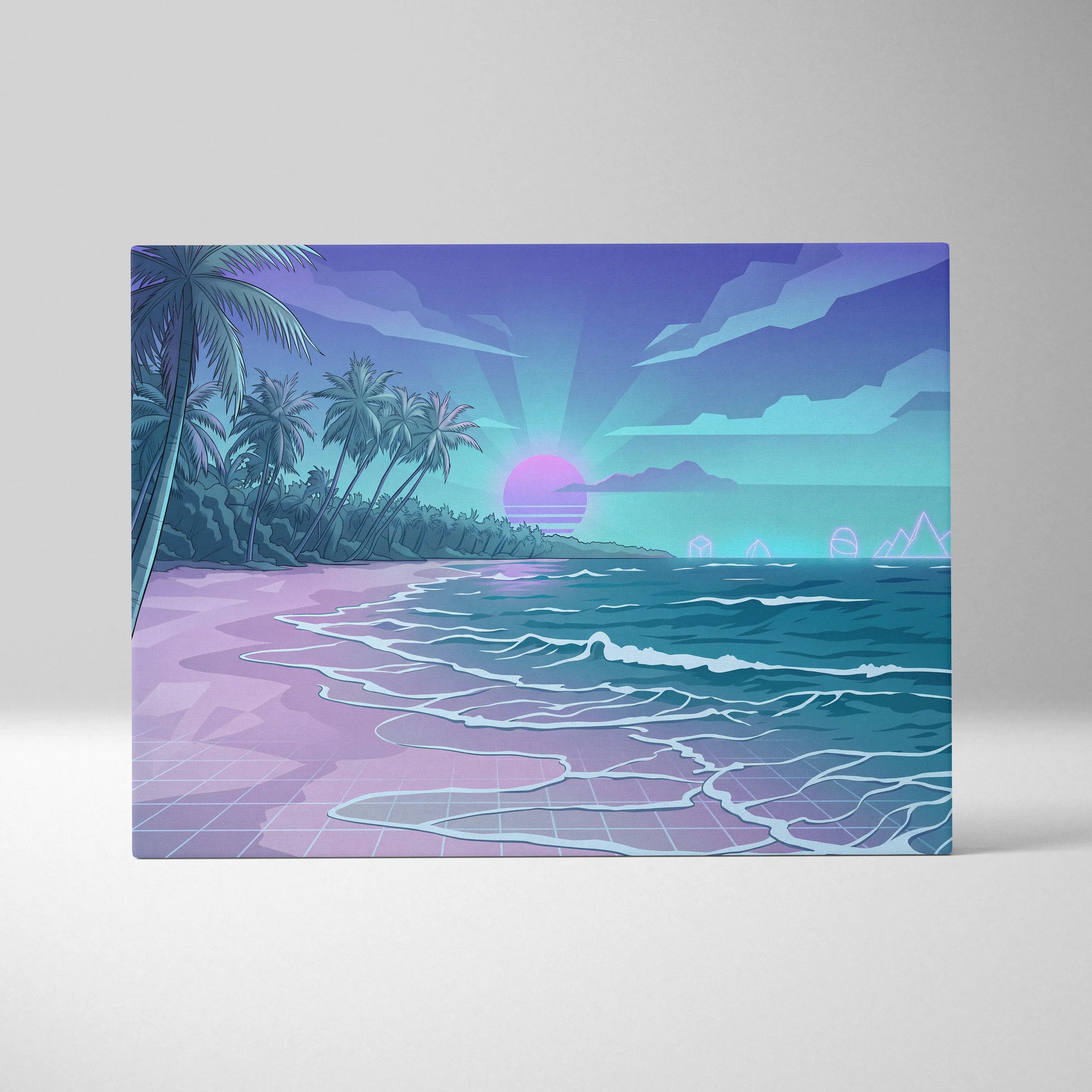 Neon Palm Vaporwave Canvas Sunset - Palm Trees Sunset Purple Pink Blue Living Room Vaporwave Dreamy Neon Retro Canvas