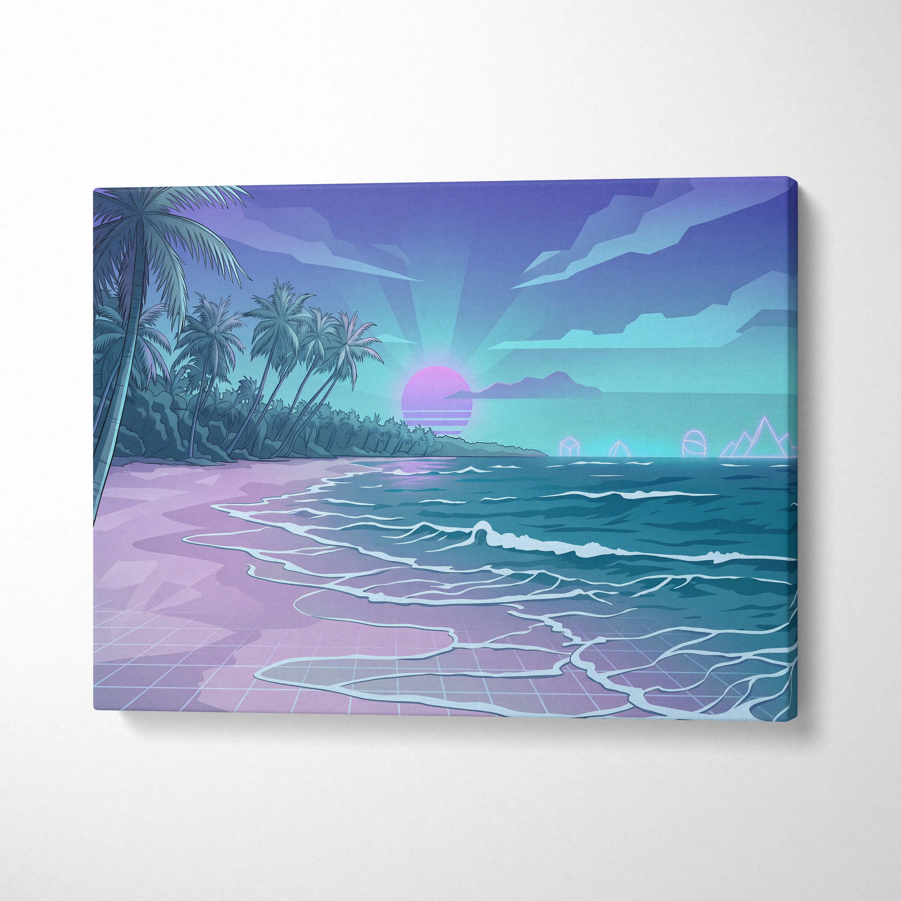 Neon Palm Vaporwave Canvas Sunset - Palm Trees Sunset Purple Pink Blue Living Room Vaporwave Dreamy Neon Retro Canvas