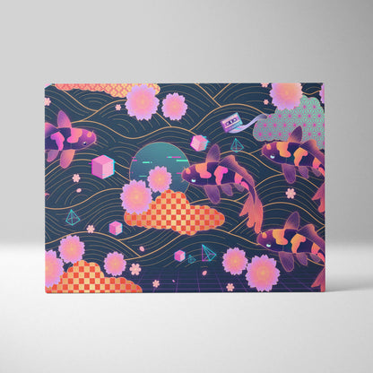 Koi Neon Sakura Vaporwave Canvas - Koi Art Neon Pink Teal Living Room Vaporwave Neon Mood Japanese Koi Wall Art Canvas