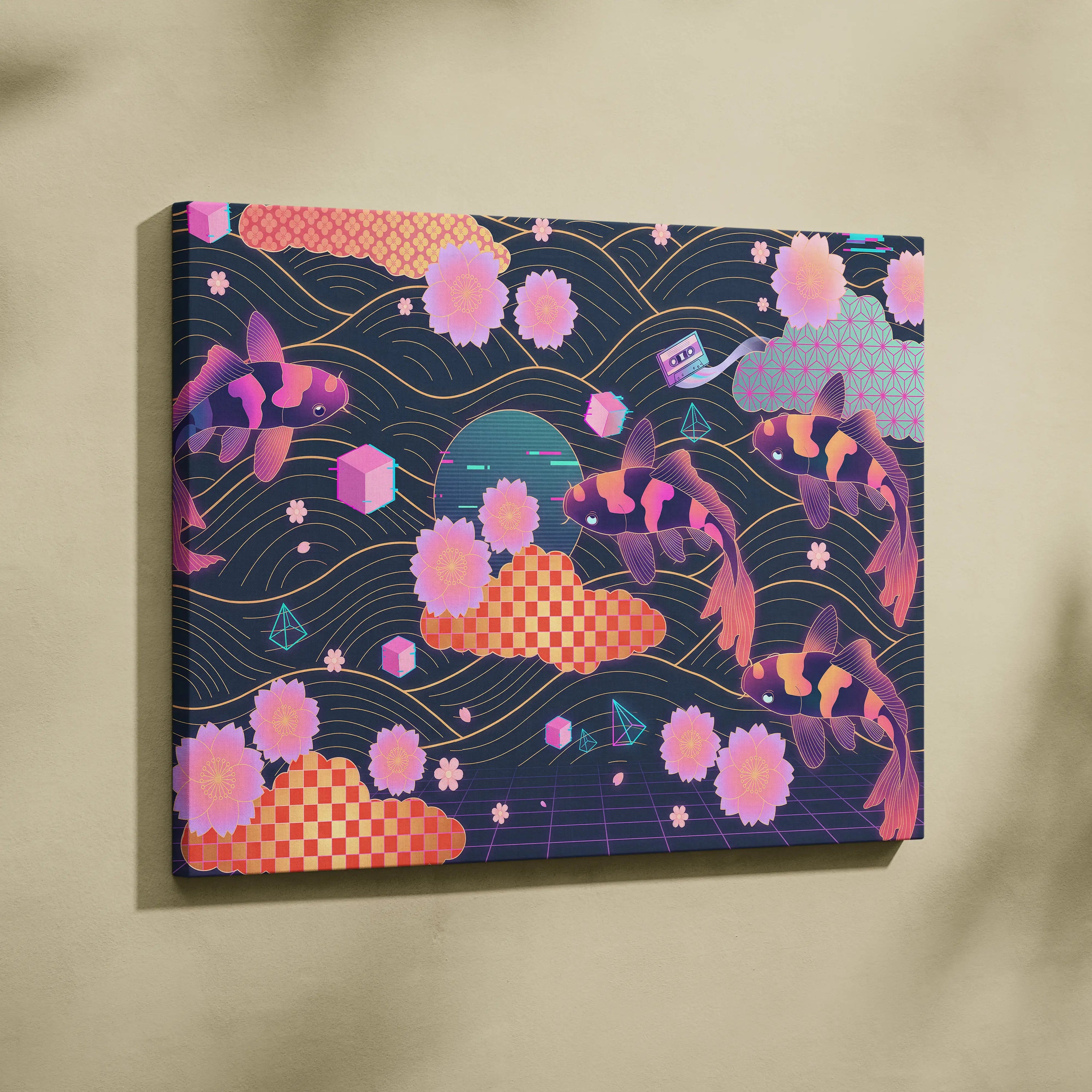 Koi Neon Sakura Vaporwave Canvas - Koi Art Neon Pink Teal Living Room Vaporwave Neon Mood Japanese Koi Wall Art Canvas