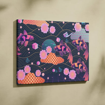 Koi Neon Sakura Vaporwave Canvas - Koi Art Neon Pink Teal Living Room Vaporwave Neon Mood Japanese Koi Wall Art Canvas