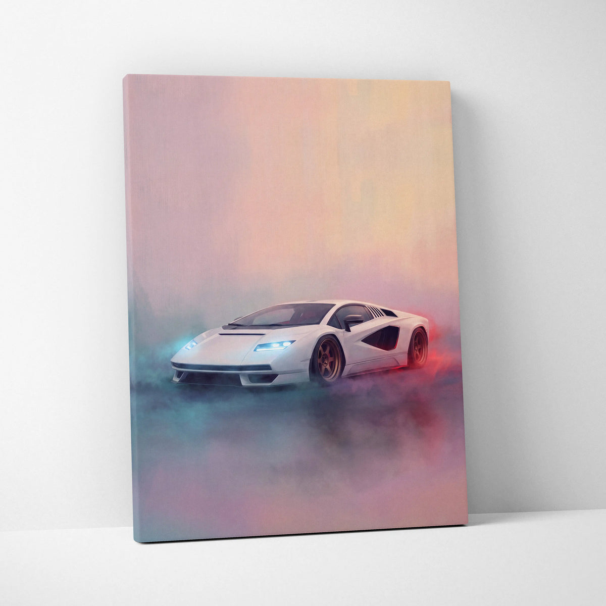 Lamborghini Countach LPI 800-4 inspired white sports car canvas print with glowing headlights on pastel mist backdrop