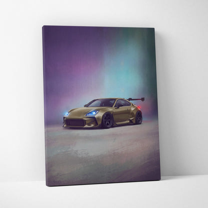 A canvas print of a gold modified toyota gr86 with blue headlights on a purple and teal gradient background