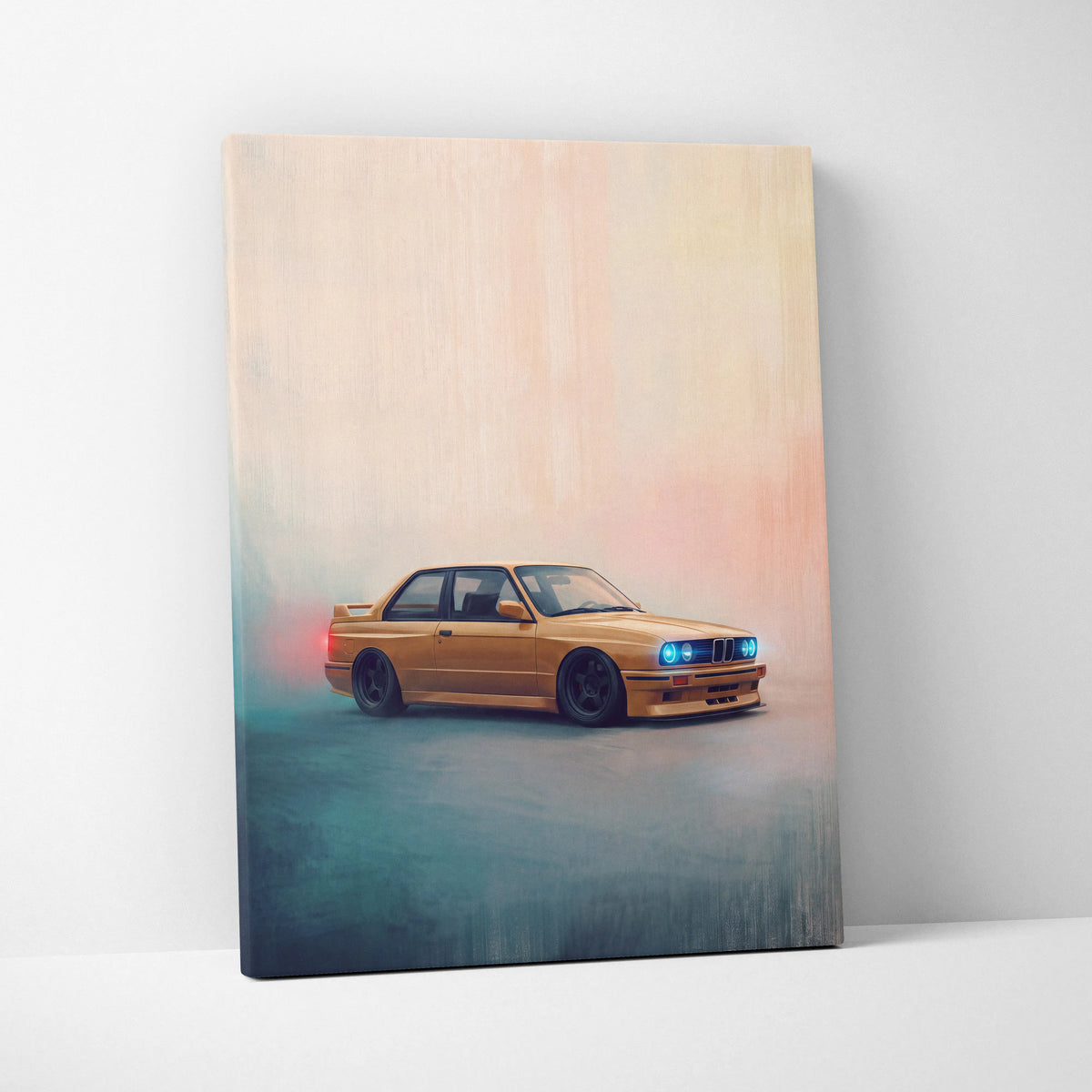 Golden BMW e30 M3 canvas print with glowing blue headlights featuring classic German sports car wall art design