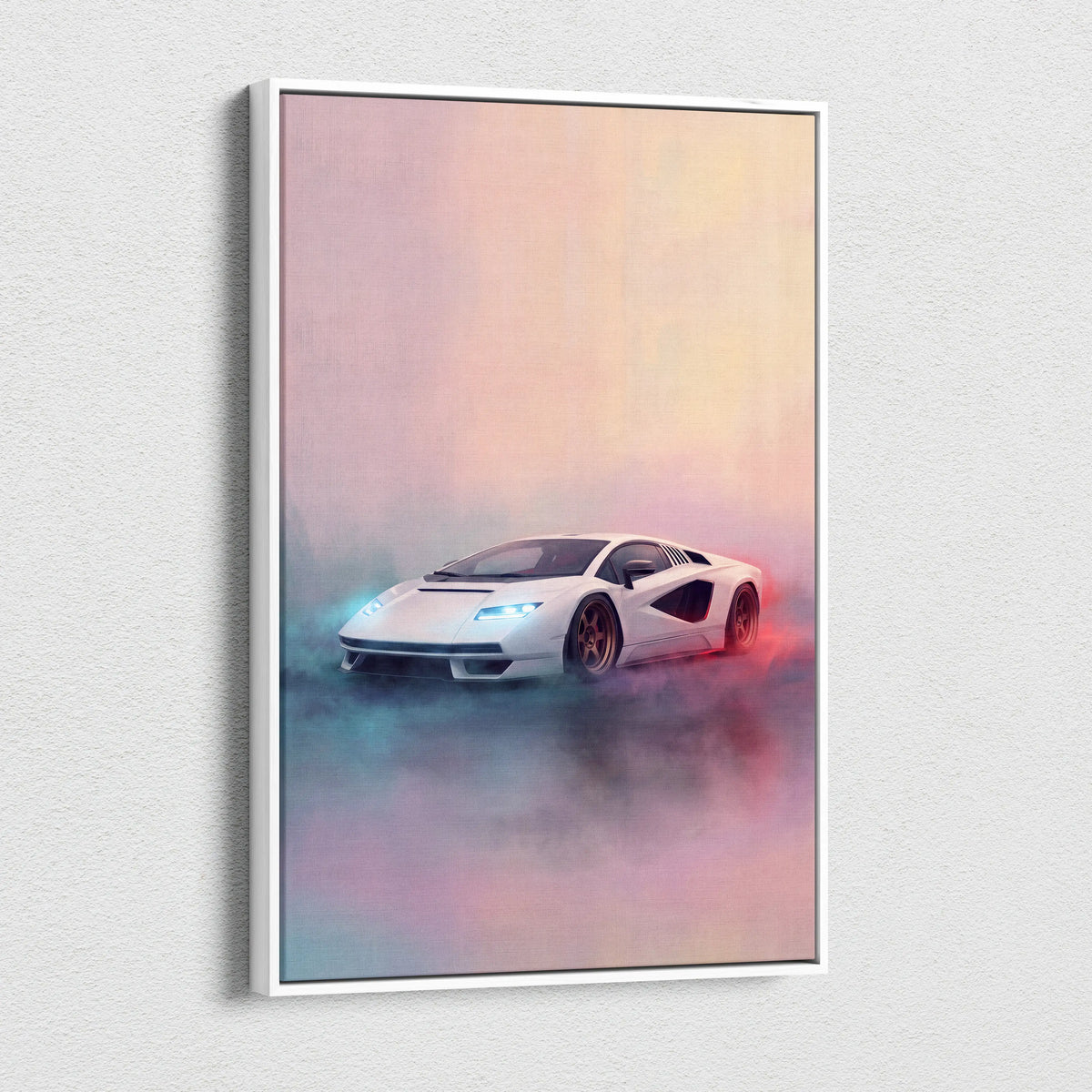 White framed canvas print of lamborghini countach lpi 800-4 inspired car wall art with glowing blue headlights and red taillights