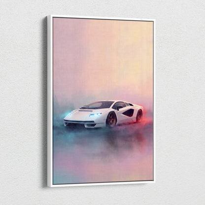 White framed canvas print of lamborghini countach lpi 800-4 inspired car wall art with glowing blue headlights and red taillights