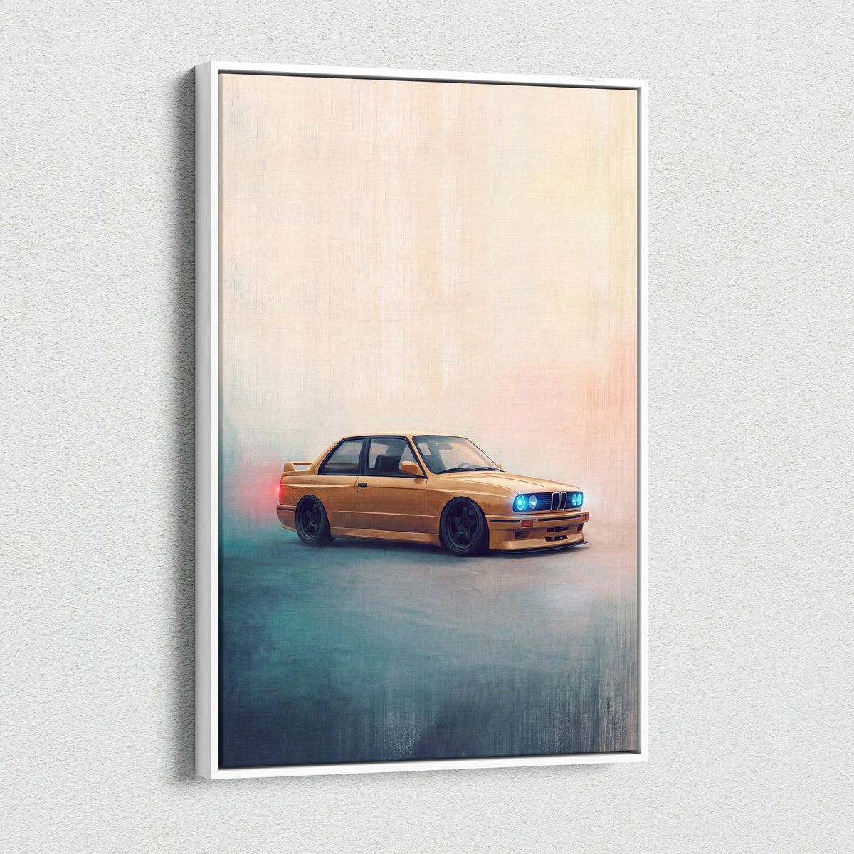 Golden bmw e30 m3 sports car illustration in a white frame classic german sports car canvas wall art print