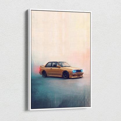 Golden bmw e30 m3 sports car illustration in a white frame classic german sports car canvas wall art print