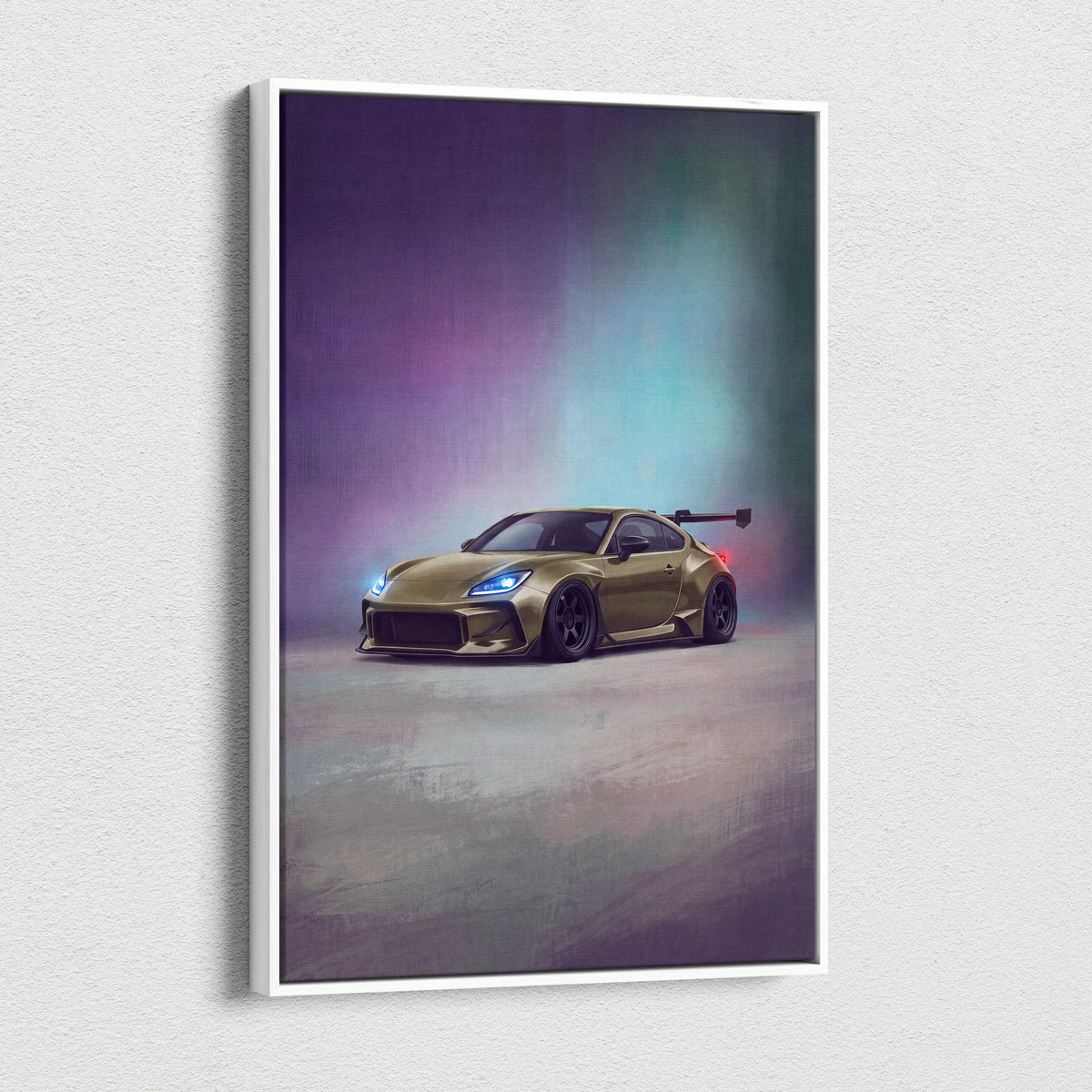 A framed canvas print of a gold modified toyota gr86 with glowing blue headlights and rear spoiler jdm sports car wall art