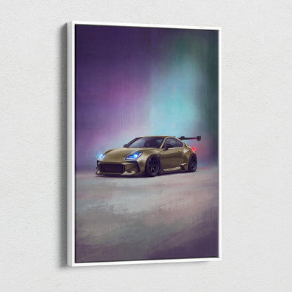 A framed canvas print of a gold modified toyota gr86 with glowing blue headlights and rear spoiler jdm sports car wall art