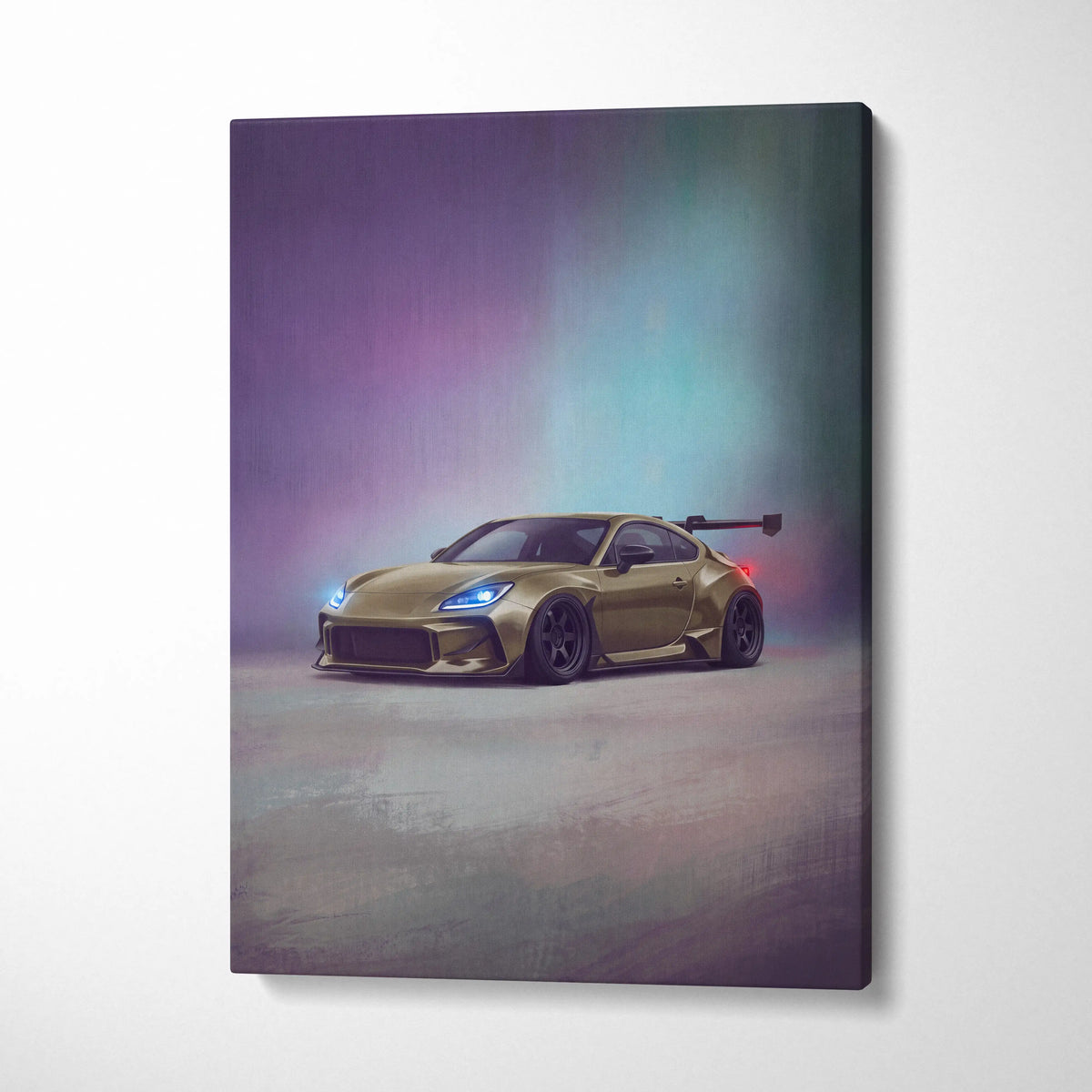 Toyota GR86 inspired automotive wall art featuring a gold sports car with black rear wing and blue headlights on canvas