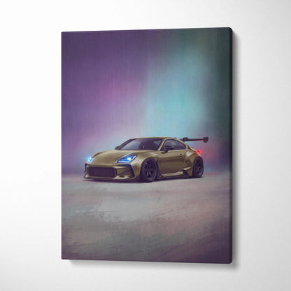 Toyota GR86 inspired automotive wall art featuring a gold sports car with black rear wing and blue headlights on canvas