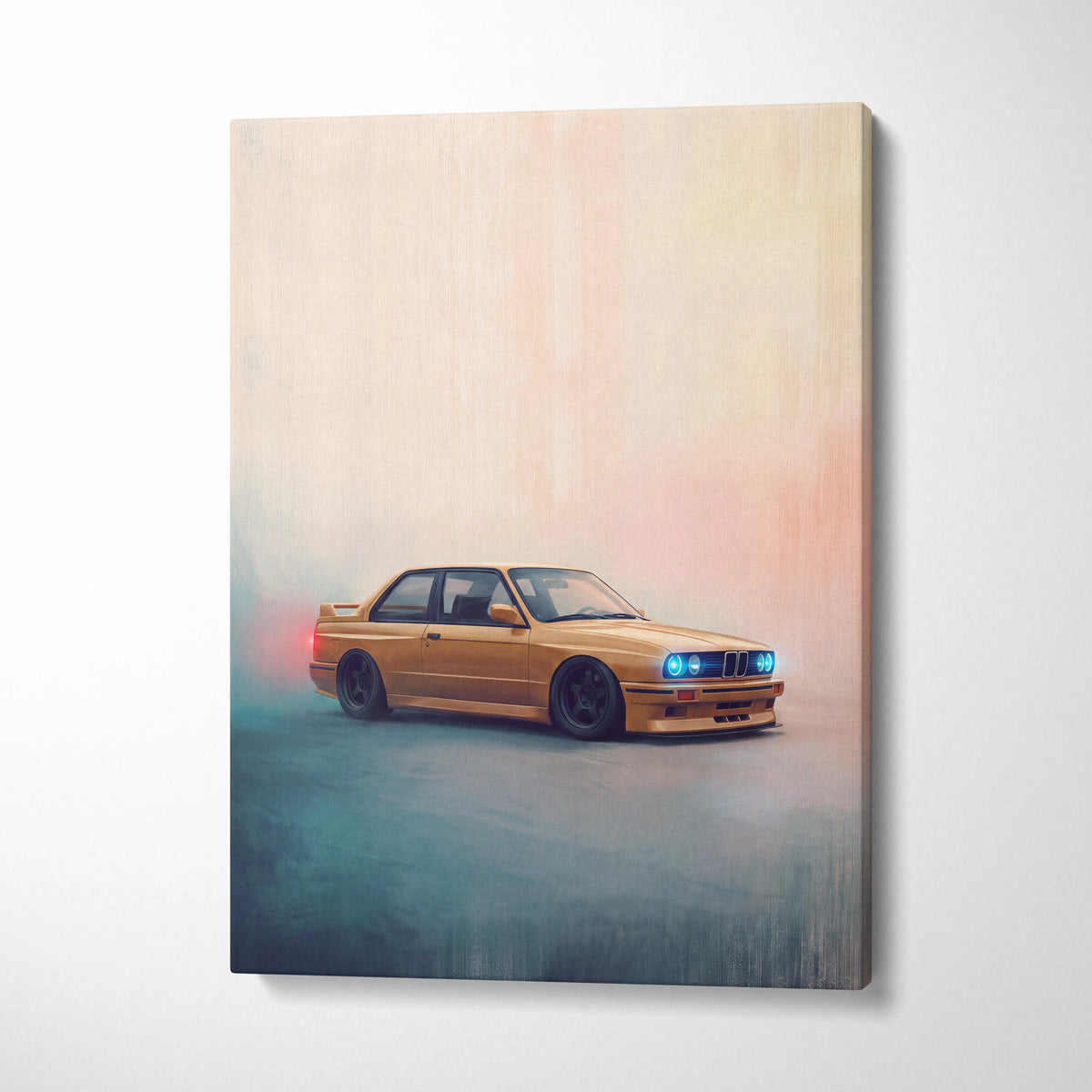 Golden bmw e30 m3 canvas art print with glowing blue headlights and sleek lowered stance for automotive wall decor