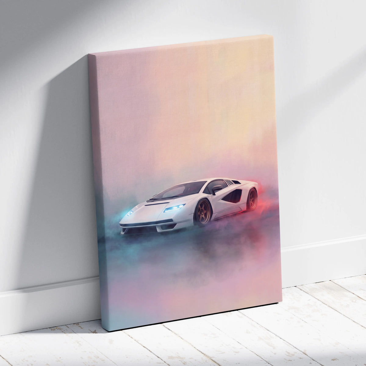 White Lamborghini Countach LPI 800-4 inspired canvas print featuring a sleek sports car with blue headlights and red accents