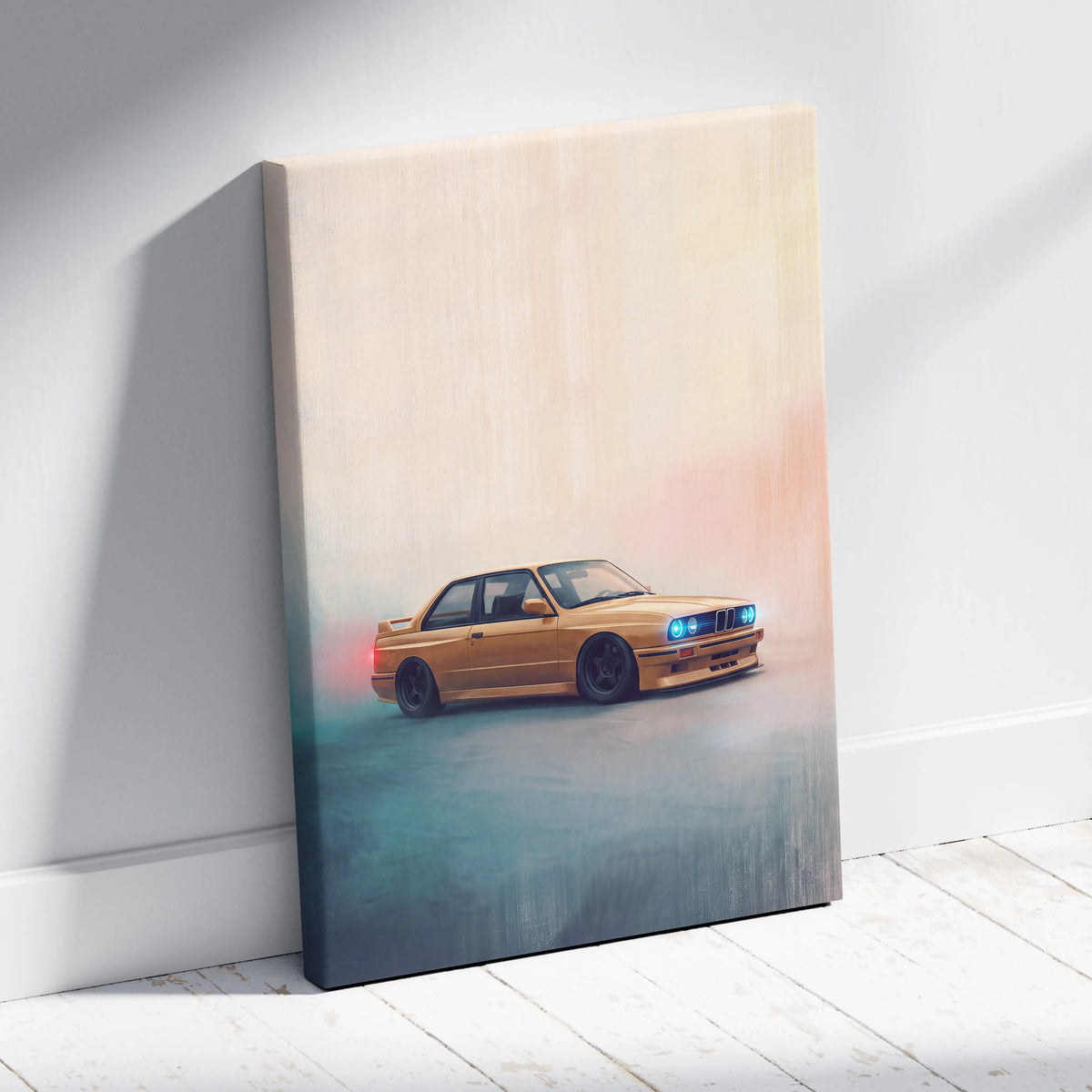 A canvas print of a golden bmw e30 m3 with glowing blue headlights and red taillights on a peach to teal background